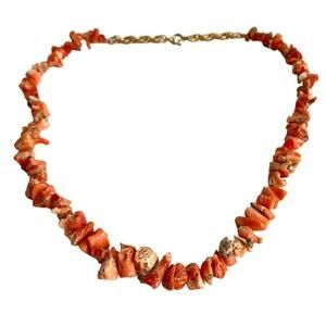 Vintage Coral Necklace‎ Beaded Nugget Chip 12K Gold Fill 60s Retro Estate Piece